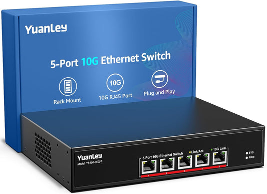 YuanLey 5-Poorts 10G Ethernet-Switch, 5 x 10Gbps RJ45-Poorten, Ondersteuning 10G/5G/2.5G/1G/100M Speed Auto-Negotiation, 100Gbps Schakelcapaciteit, Onbeheerde schakelaar Rackmountable, Gebruiksklaar