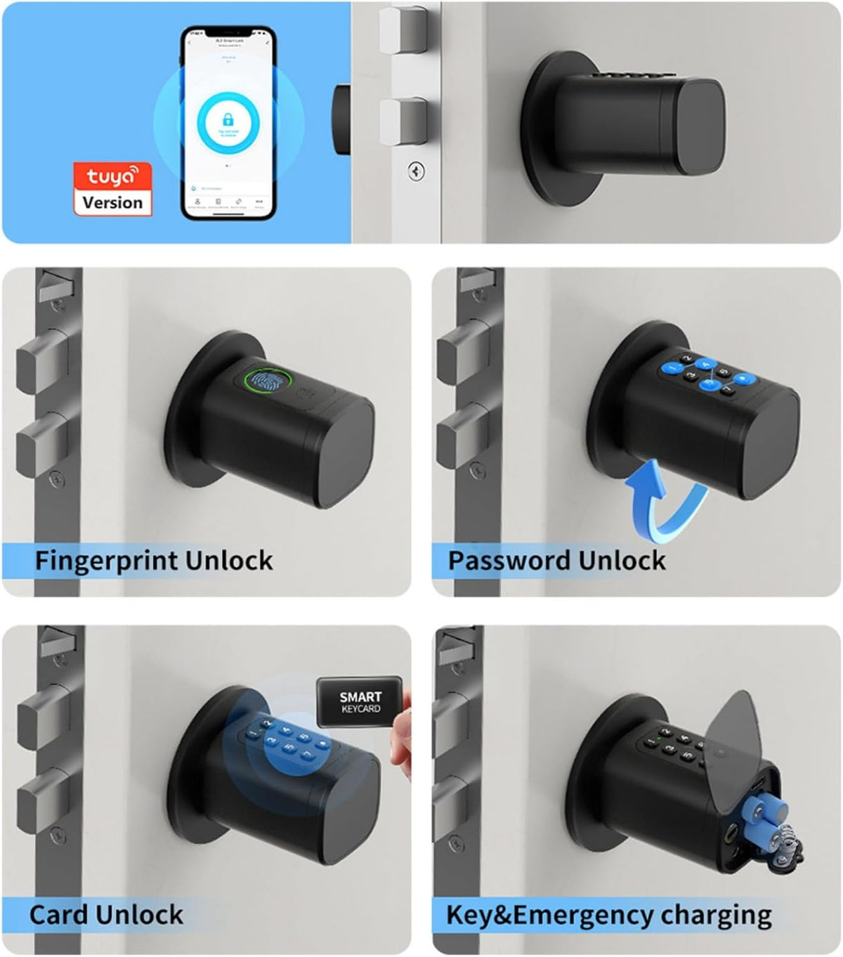 Deurslot, vingerafdruk, 5 en 1 slim deurslot met cijfercode, RFID-sleutel, app, elektronische deuropener, huisdeurslot, verstelbare sluitcilinder 60-90 mm, Sloten