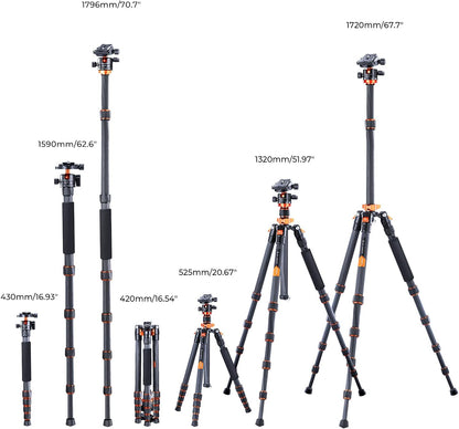 K&F Concept Carbon Monopod Camera Statief 172cm, Professioneel Compact Statief voor DSLR D255C4, met Metalen Kogelkop met Inclusief Draagtas Max:10kg (SA255C1)