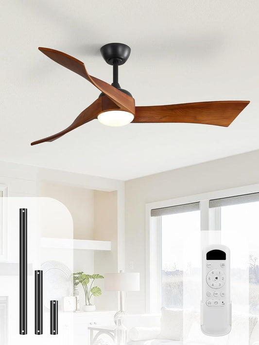 Plafondventilator met verlichting en afstandsbediening, 3 houten vleugels, 132 cm, timer, 3 kleurtemperaturen, 6 snelheden, zomer, winter, DC, stille plafondventilator met licht voor woonkamer