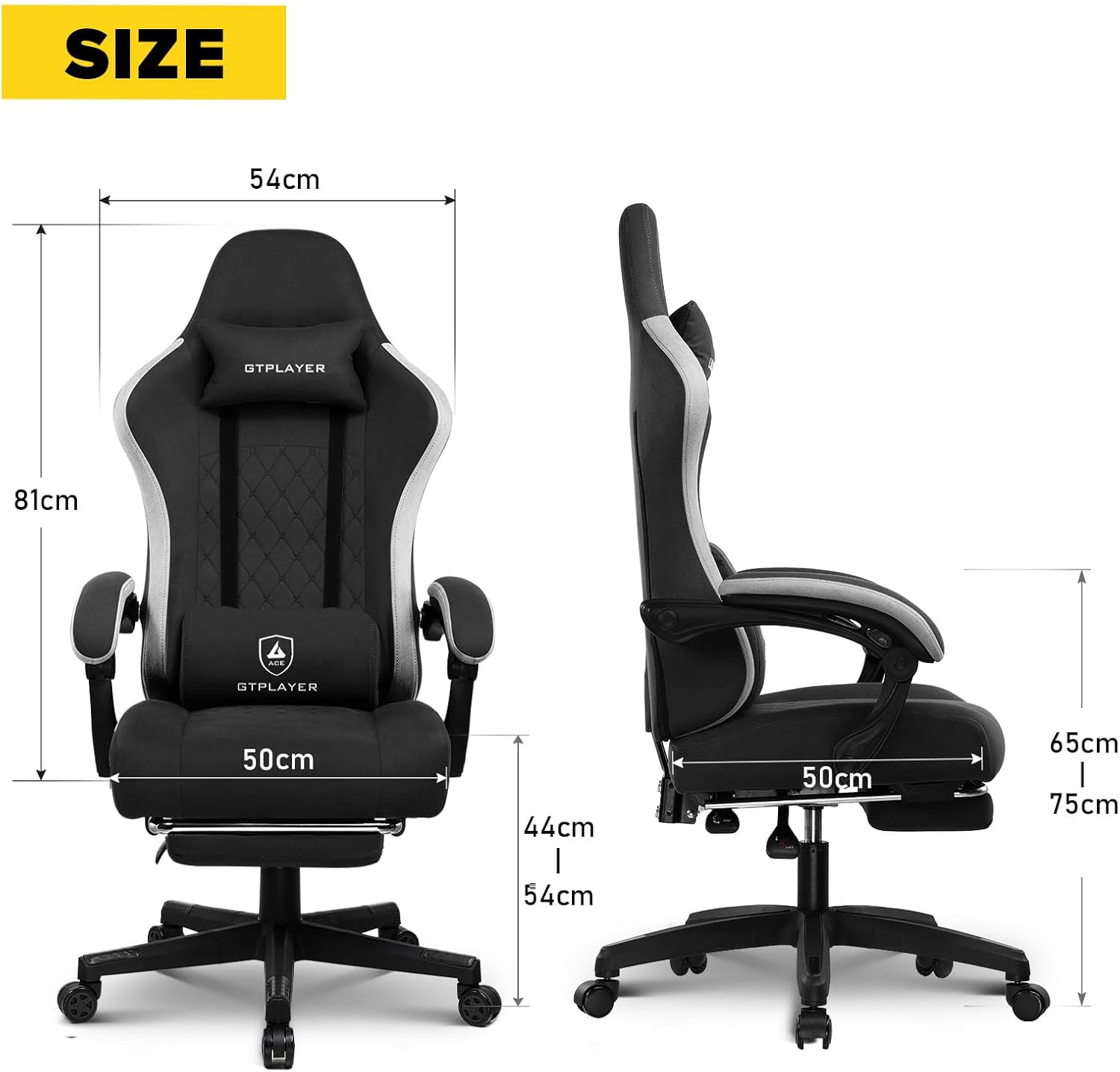 GTPLAYER Gaming Chair, Ergonomic Gaming Chair, Office Chair with Fabric Surface, Spring Seat Cushion, Connecting Armrests and Footrest Black - QUORE