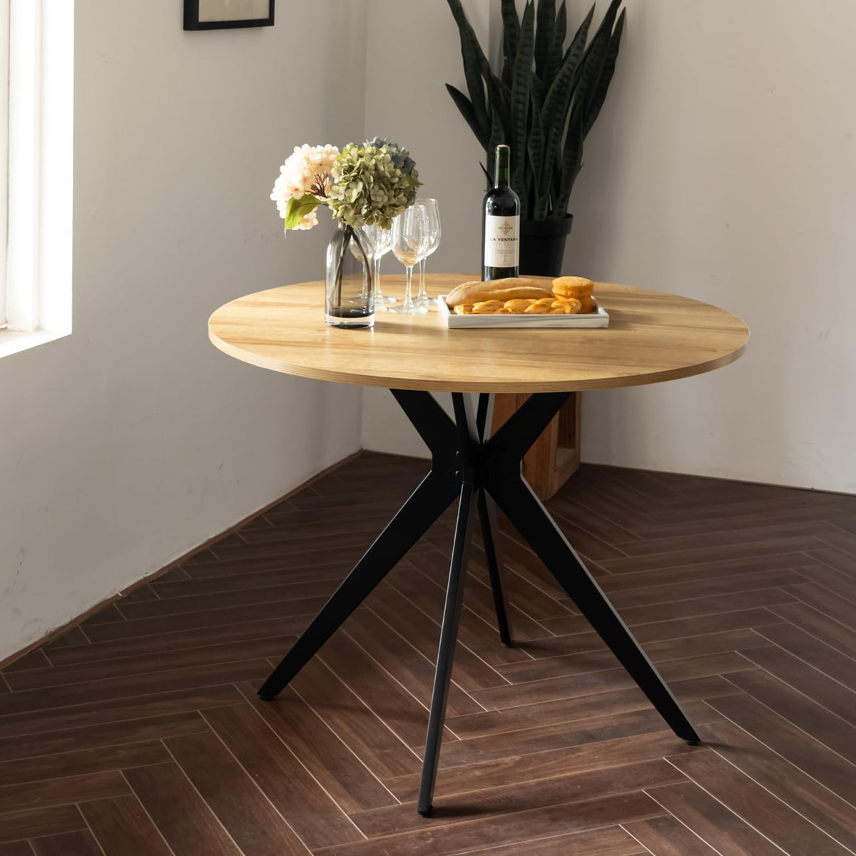 MEUBLE COSY Ronde eettafel voor keuken, woonkamer, kantoor, retrostijl, voor 4 personen, metalen frame, eiken + zwart, 100 x 100 x 75 cm