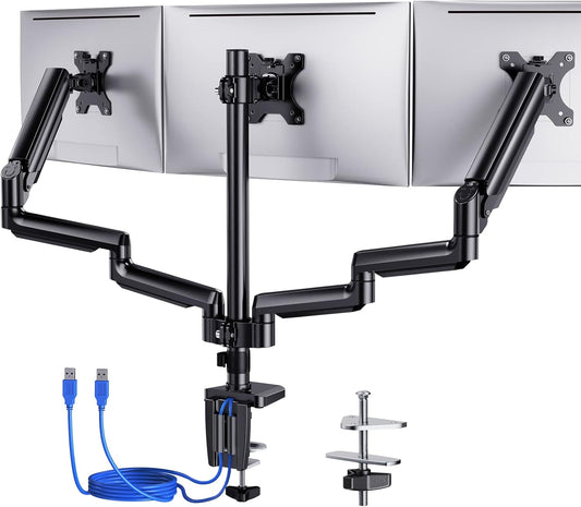 ErGear 3 Monitor Monitorstandaard voor 13-27'', 3 gasmonitorarmen met USB-poorten, in hoogte verstelbare, kantel-, draai- en draaibare monitorstandaard, 2 montageopties, VESA 75/100 mm