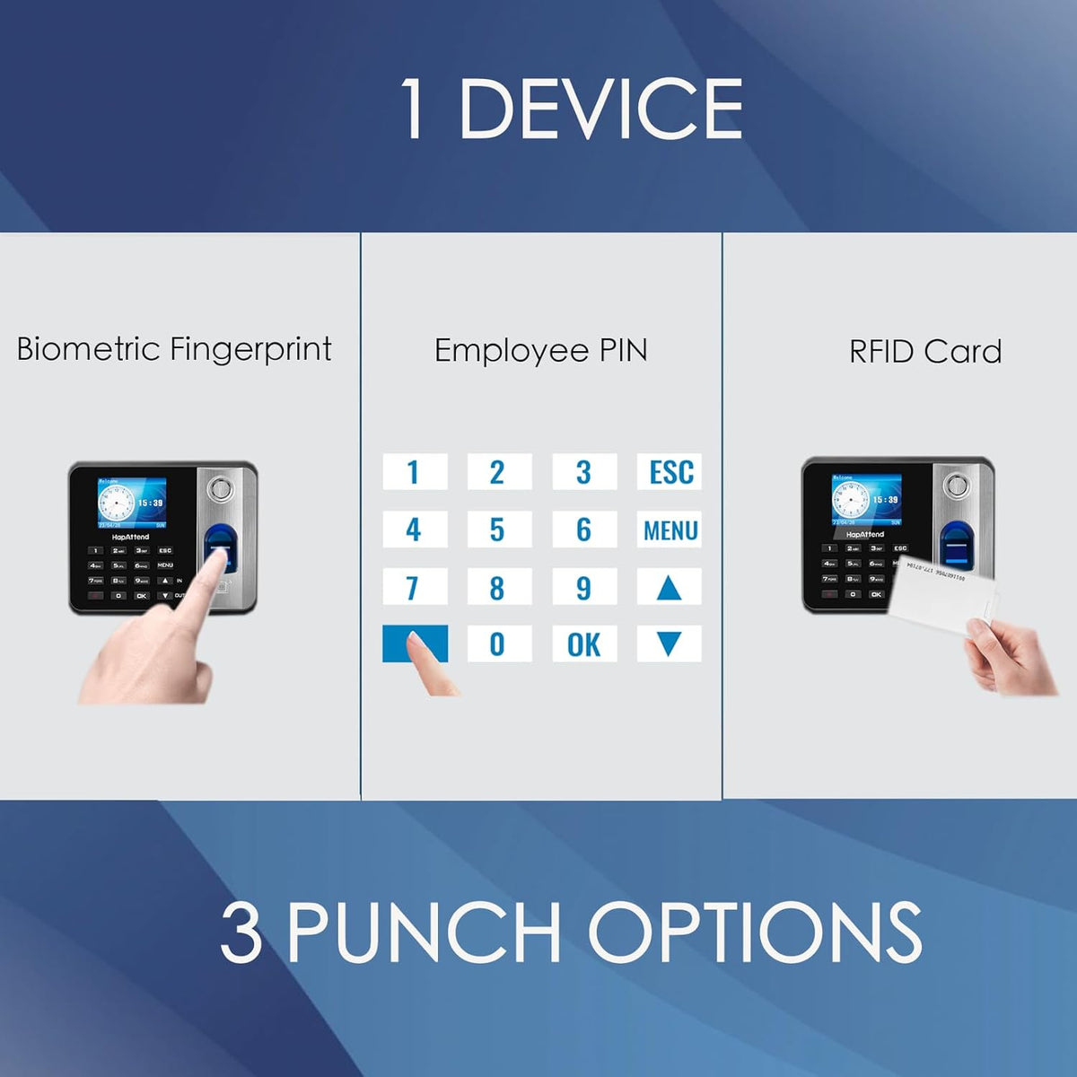Tijdklok, vingerafdruk tijdklokken voor werknemers kleine bedrijven met RFID en PIN, offline biometrische tijdregistratie ponsmachine met 5 RFID-kaarten (0 maandelijkse kosten H1)
