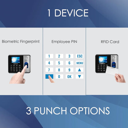 Tijdklok, vingerafdruk tijdklokken voor werknemers kleine bedrijven met RFID en PIN, offline biometrische tijdregistratie ponsmachine met 5 RFID-kaarten (0 maandelijkse kosten H1)