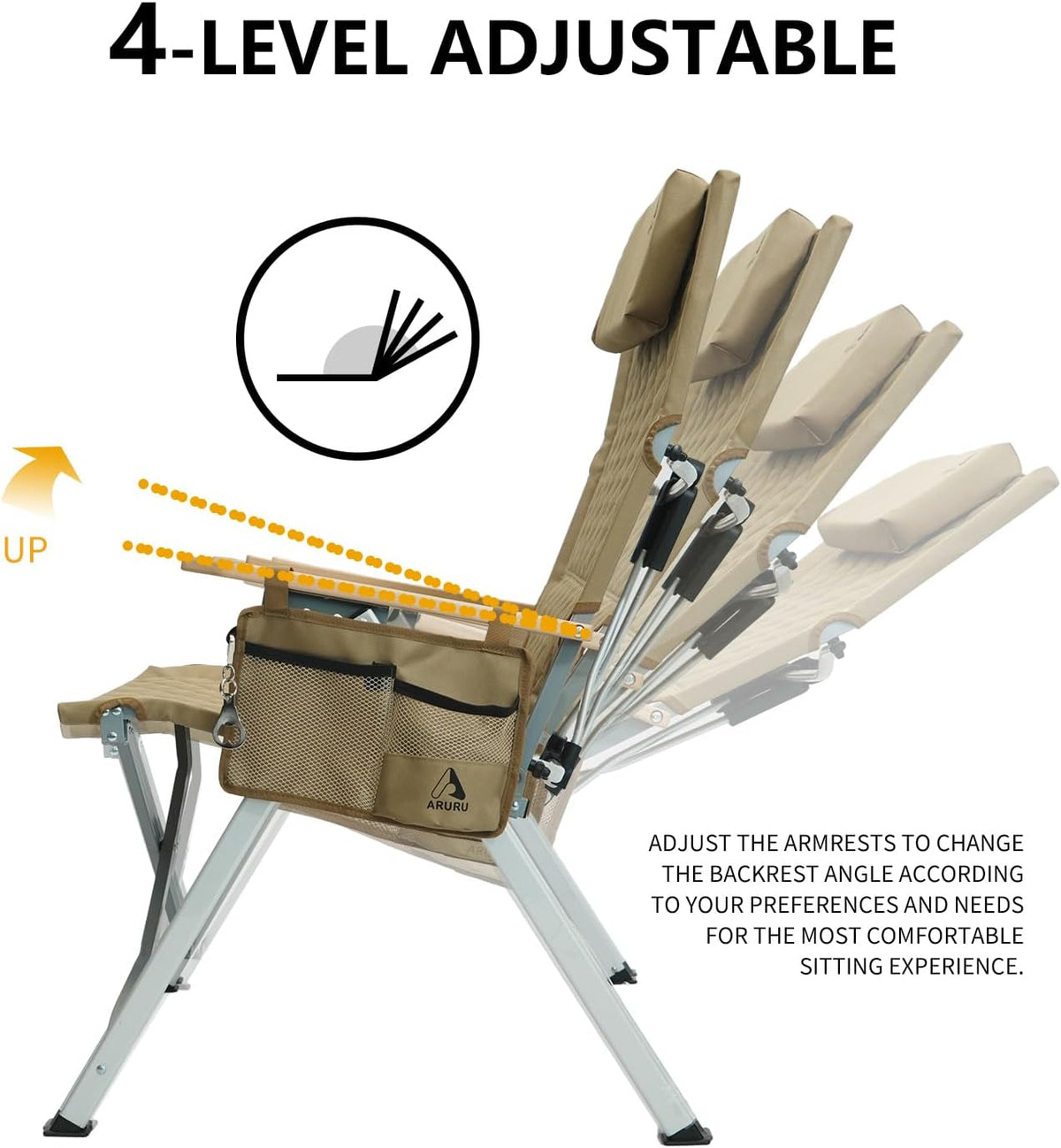 Campingstoel, opvouwbaar, hoge rugleuning, verstelbaar in 4 posities, tot 150 kg, klapstoel, tuinstoel, bekerhouder met zijvak, visstoel, outdoor, voor camping, tuin, balkon (kaki, 2 stuks)