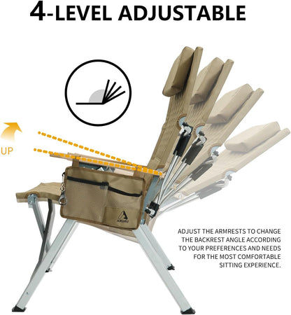 Campingstoel, opvouwbaar, hoge rugleuning, verstelbaar in 4 posities, tot 150 kg, klapstoel, tuinstoel, bekerhouder met zijvak, visstoel, outdoor, voor camping, tuin, balkon (kaki, 2 stuks)
