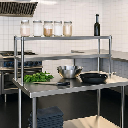 Wiltec werktafel van roestvrij staal 120x60x145 cm tot 120 kg, tafel met twee hoge planken en onderste legplank, roestvrijstalen werkbank met verstelbare tafelpoten en veel ruimte