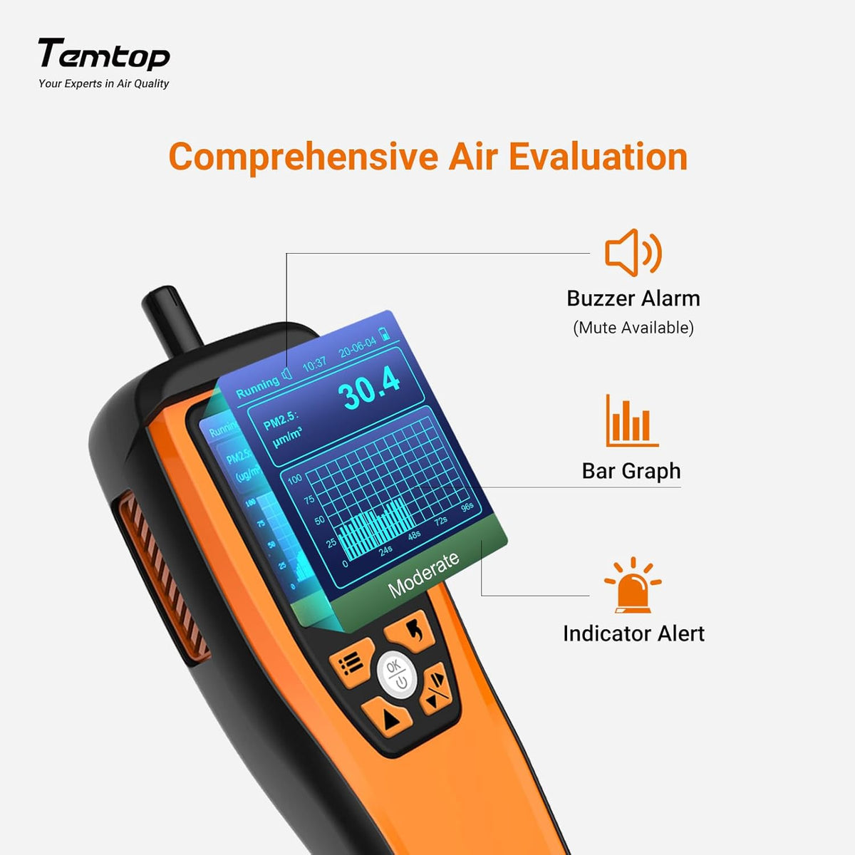 Temtop Luchtkwaliteitsmonitor voor PM2.5 PM10 Deeltjes CO2 HCHO Temperatuur Vochtigheid Instelbaar Audio Alarm Opnamecurve Eenvoudige kalibratie Kleurrijk display (M2000 2nd)