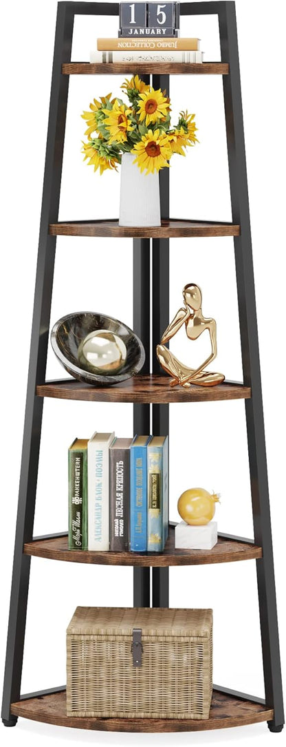 Tribesigns 70" Tall Corner Shelf, 5 Tier Rustic Corner Bookshelf Industrial Corner Ladder Shelf Small Bookcase Plant Stand for Living Room, Kitchen, Home Office