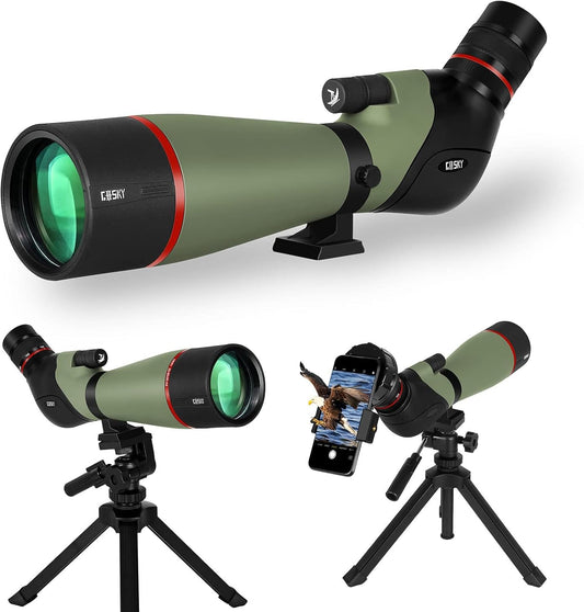 Gosky Observatiebril 20-60 x 80 HD dubbele focus, BAK4-prisma, 45 graden gebogen oculair - met statief en smartphone-adapter, voor vogelobservatie, doelschieten, jacht,