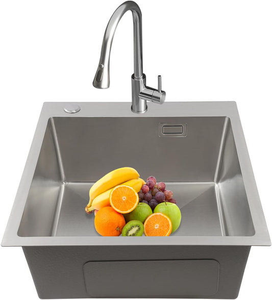 RVS Keukenspoelbak – Roestvrijstalen Spoelbak – Inbouw Spoelbak – Opbouw Spoelbak – Spoelbak Met Afvoer – 50 x 45 cm – Geluidsdempend & Rubberen Afdichting