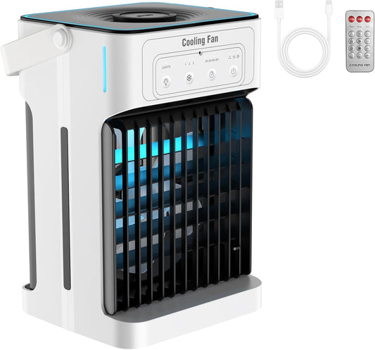 Mobiele Airco - Draagbare Airconditioning - Mini-Airconditioning - 1100ml - met Waterkoeling - 3 Luchtsnelheden - 3 Koelnevel - 2-8 uur Timer - 7 LEDS - voor Kamers - 17 x 15 x 27 cm - Wit/ Zwart - QUORE