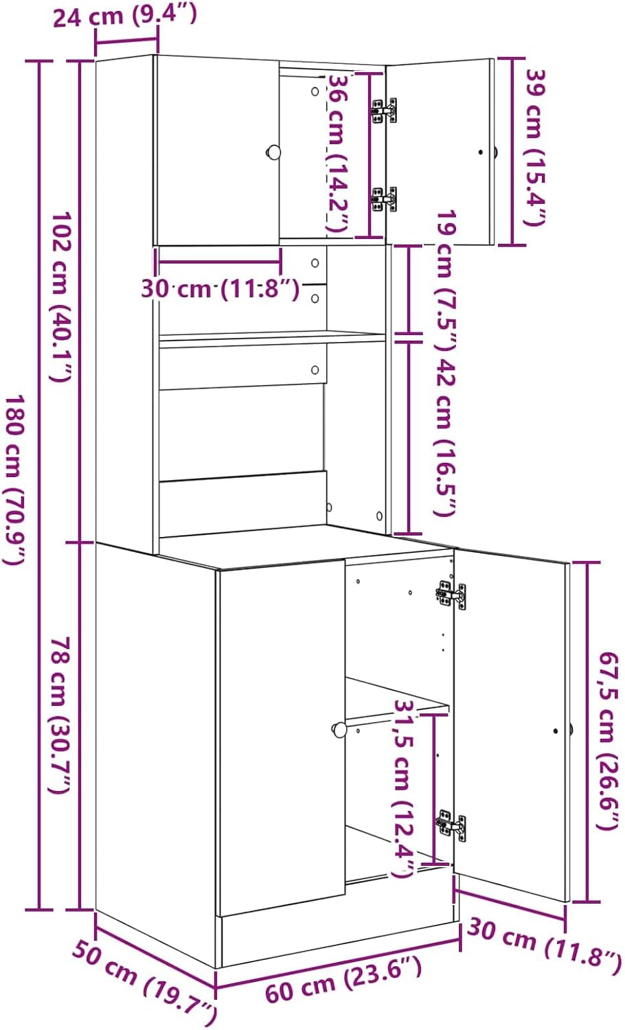 Keukenkast – Wandkast – Opbergkast – Kast – Keukenmeubel – Rustieke Oude Houtlook – Verstelbare Planken – Wandmontage 60x50x180 cm