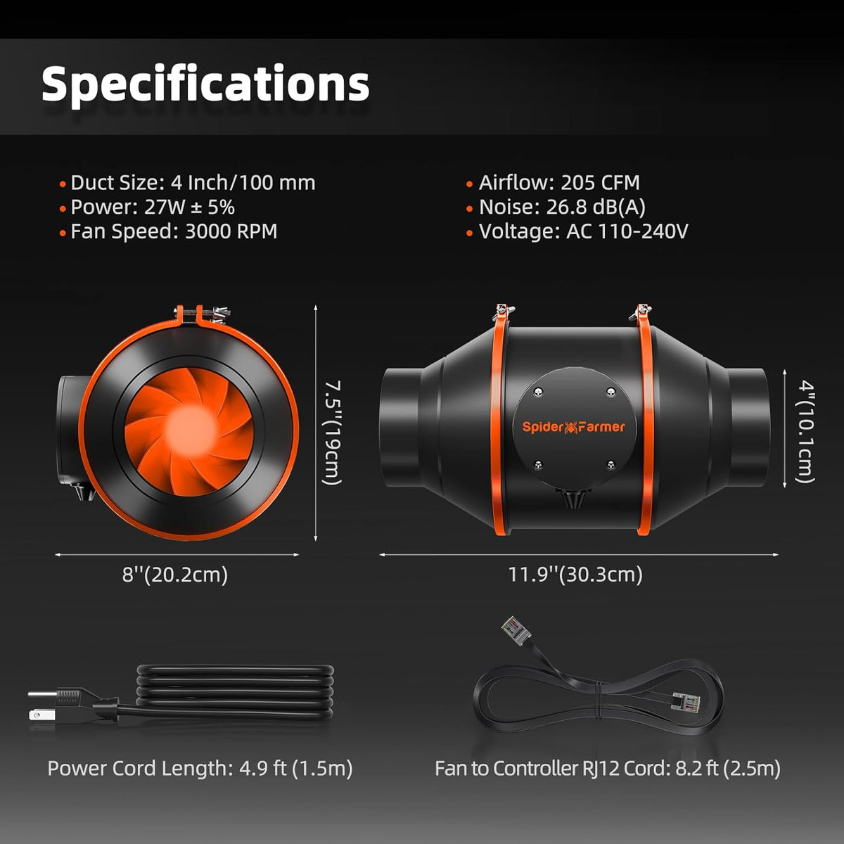 Spider Farmer Inline-buisventilator 100 mm/4 Inch met GGS Temp Vochtigheidsregelaar, WiFi App-bediening, 350 m³/u EC-motor, 27 W Grow Ventilator Beluching Afvoerventilator voor Kweektent, Kweekbox