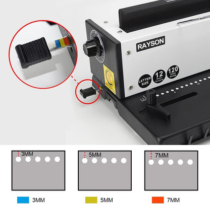 RAYSON TD-1200R Metaaldraad bindmachine – 3:1 ponsafstand, 34 gaten, perforeert 12 A4-bladzijden, bindt tot 120 pagina’s