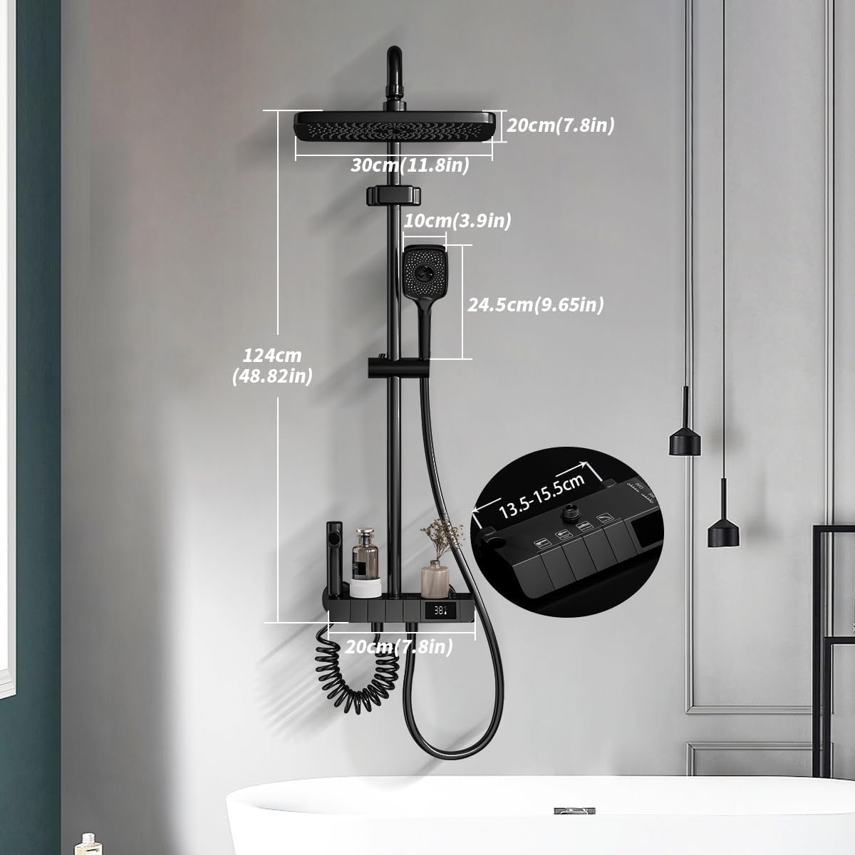 Thermostatische doucheset Chroom – Douchekraan – Regendoucheset – Douchekolom – Douchesysteem – 31 x 20 cm regendouche – Digitaal led-display zonder batterijen