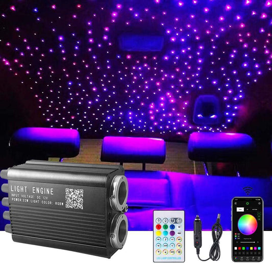 Twinkle Starlight glasvezel licht, 32 W motor met dubbele poort, 1000 stuks, 33,1 ft led ster plafond Fiber Optic Light Kit APP / Sound afstandsbediening voor auto / huis / feest