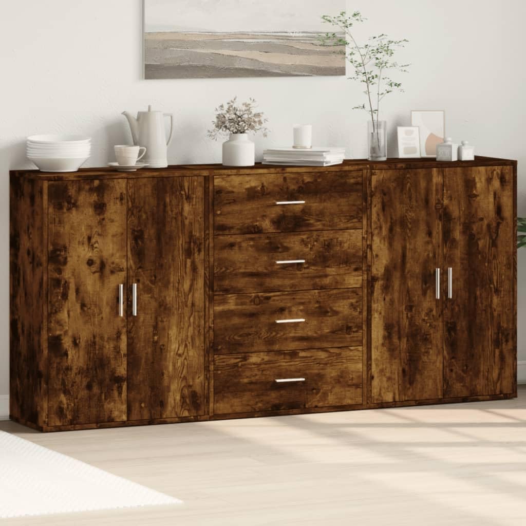 Tidyard Sideboards 3 Pieces Chest of Drawers Side Cabinet Dresser Living Room Cupboard Storage Cabinet Standing Cupboard Multifunctional Cabinet File Cabinet Smoke Oak 60 x 31 x 84 cm Wood - QUORE