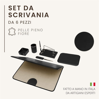Bureauset 6-delig - 100% Volnerf Leer, natuurlijke look - Handgemaakt in Italië door ambachtslieden - Elegant en functioneel, ideaal voor op kantoor - Zwart