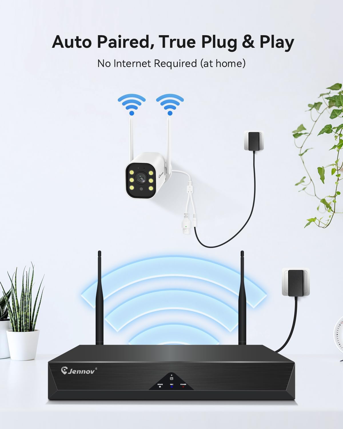 Jennov 5MP Bewakingscamera Set, 10CH 5MP WLAN NVR met 4x WiFi Buitencamera met 120° Groothoek, 24/7-opname, Persoonsdetectie, 2-Wege-Audio, Kleuren-nachtzicht, 1TB