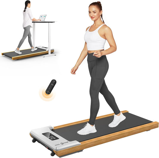 Bottom Desk Treadmill Walking Pad Portable Flat Slim Machine with Remote Control LCD Display for Home Office Gym Use, Installation Free (Wood) - QUORE