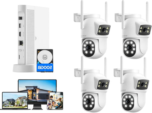 Draadloze CCTV Bewakingscamera Set – Wifi Beveiligingssysteem – Thuiscamera – PTZ Camera – Buitencamera – 2-weg Audio – Dubbele Lens & Scherm – 10-kanaals NVR Met 500 GB HDD – 2K Kleuren Nachtzicht – Automatische Bewegingsdetectie