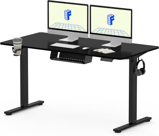 FLEXISPOT QS1 PRO Electric Standing Desk - Height Adjustable Sit-Stand Desk - Home Office/Study Room with Cup Holder & Hooks - 4-Stand Memory Module - (140x60cm) Black