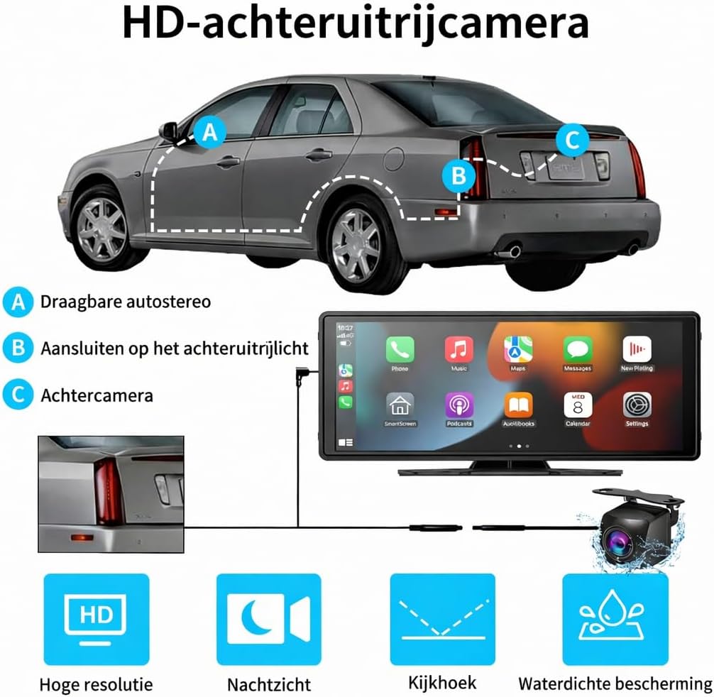 10.26 Inch Draadloos CarPlay Scherm & Android Auto Display - 4K Dashcam & 1080P Achteruitrijcamera - Draagbare Autoradio met Dual Bluetooth, FM, AUX & GPS Navigatie - Inbouwloos & Universeel