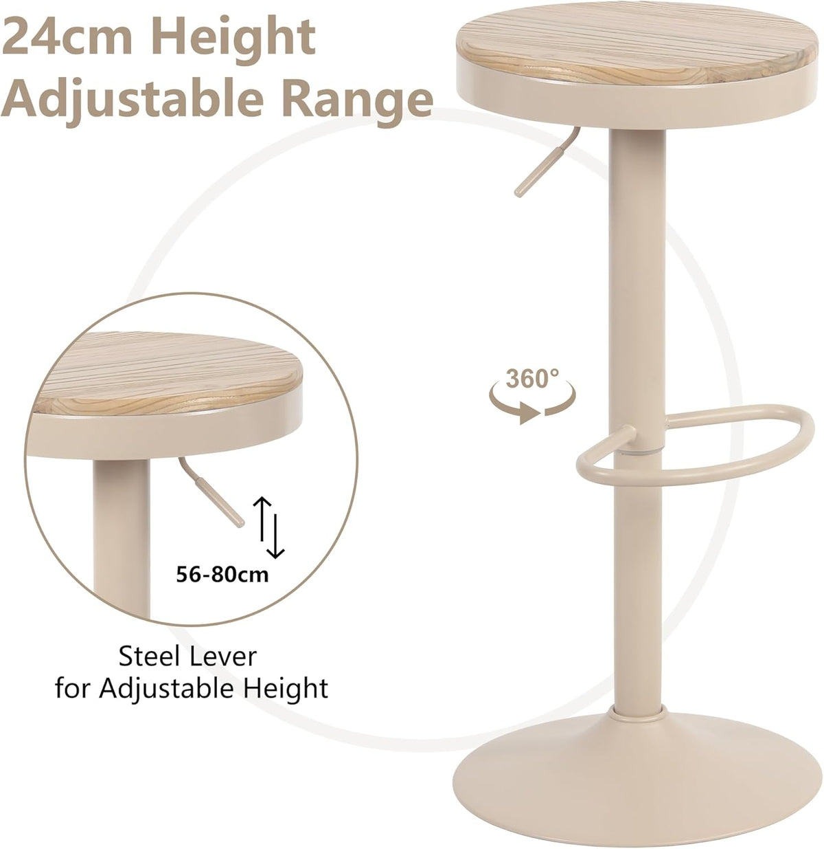 YOUNIKE Barkruk, set van 2, hout, in hoogte verstelbaar, draaibaar, barkruk, keukenkruk, hoogte barstoelen met voetensteun, voor bar, keuken, draaikruk van massief hout metaal, kaki roze