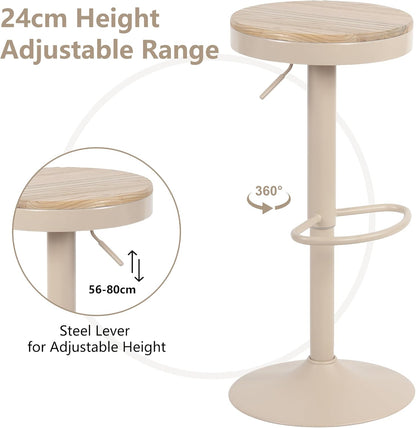 YOUNIKE Barkruk, set van 2, hout, in hoogte verstelbaar, draaibaar, barkruk, keukenkruk, hoogte barstoelen met voetensteun, voor bar, keuken, draaikruk van massief hout metaal, kaki roze