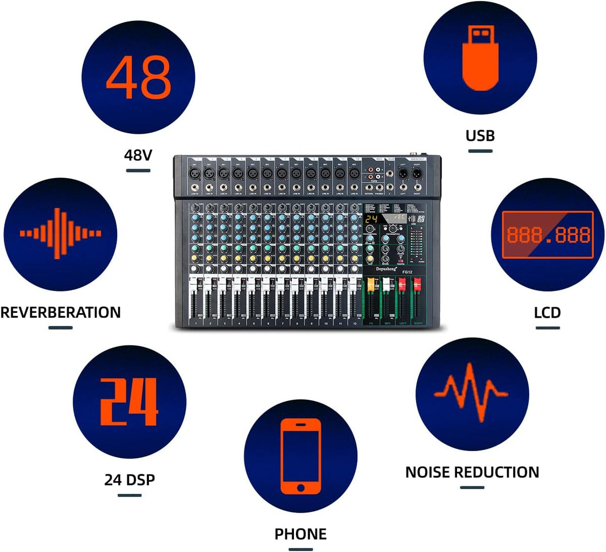 12-Kanaals Audiomixer – Mengpaneel – Geluidsmixer – Audio-Mixer – Studiomixer – USB-Aansluiting voor PC en Mac – 24 DSP-Effecten