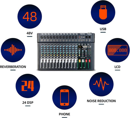 12-Kanaals Audiomixer – Mengpaneel – Geluidsmixer – Audio-Mixer – Studiomixer – USB-Aansluiting voor PC en Mac – 24 DSP-Effecten