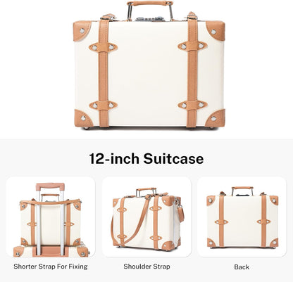 Urecity 3-delige retro bagageset - vintage lederen koffer voor dames, stijlvolle en ruime reiskofferset met robuust aluminium frame, wit met bruin, S(12")+L(26"), vintage