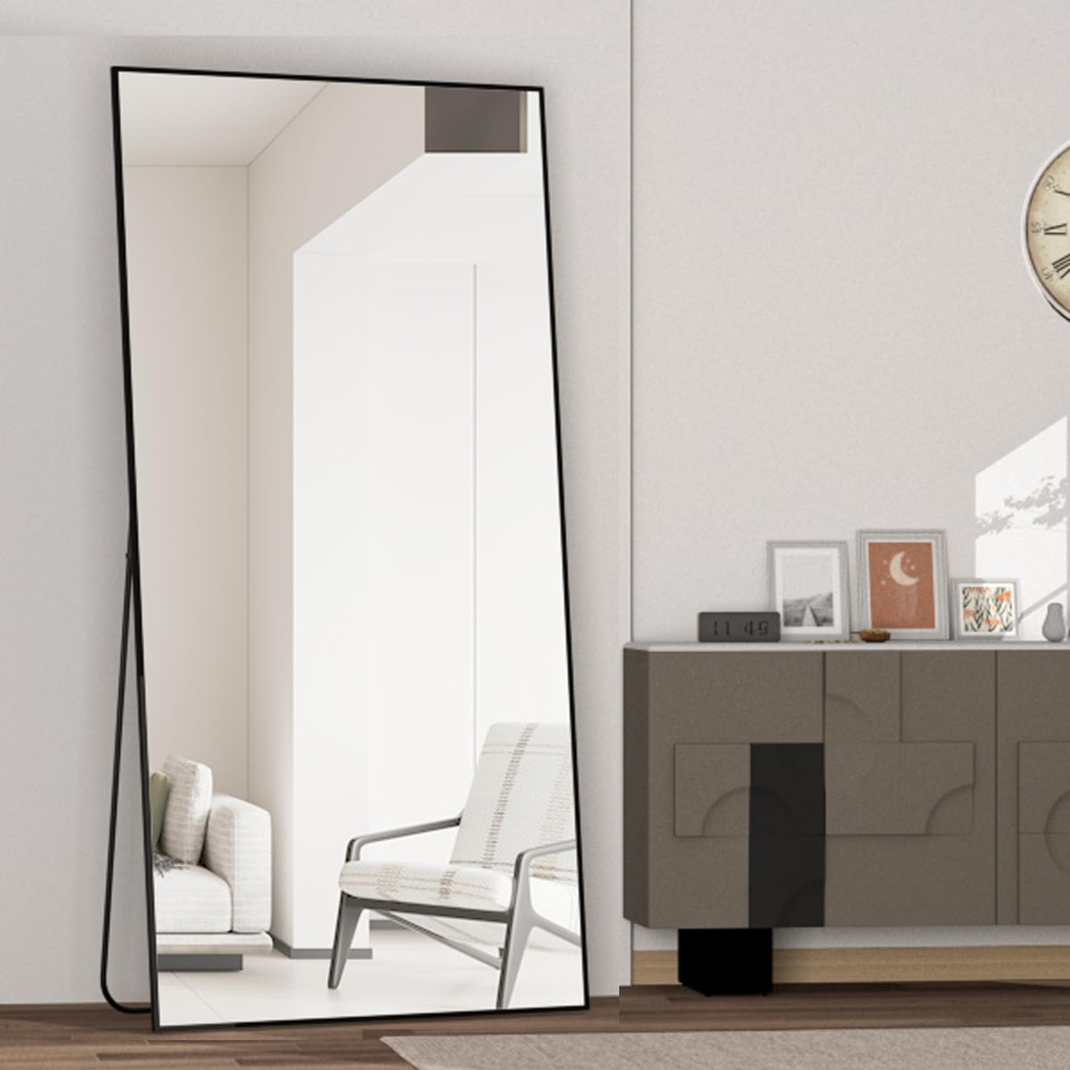 CASSILANDO 180 x 80 cm staande spiegel, zwarte vloer grote, staande spiegel, tegen muur voor slaapkamer, bekleding en aan de muur bevestigde dunne lijst, zwart