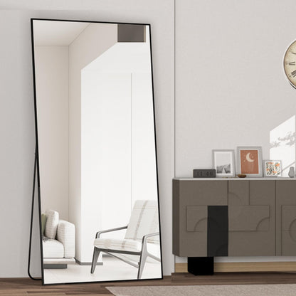 CASSILANDO 180 x 80 cm staande spiegel, zwarte vloer grote, staande spiegel, tegen muur voor slaapkamer, bekleding en aan de muur bevestigde dunne lijst, zwart
