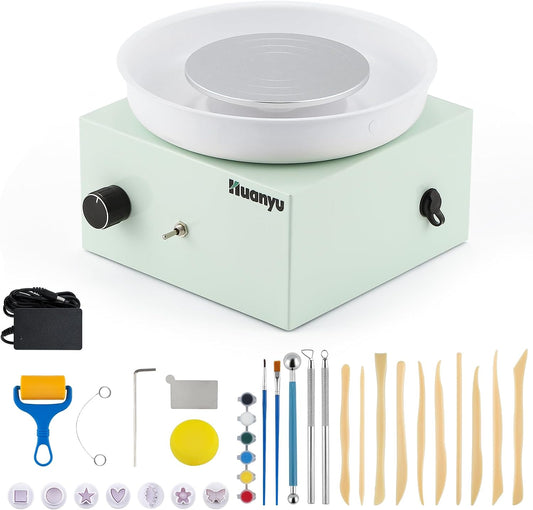 Huanyu Aardewerkwiel 10cm/4in Mini Elektrisch Aardewerkwiel Klein Pottenbakkerswiel voor Beginners en Tieners 0-2000RPM Snelheid Verstelbaar Keramisch Aardewerkwiel met 27-delig Potgereiset (Groen)