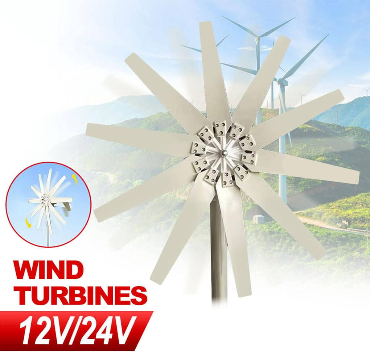 12000W Horizontale windgeneratorkit, 12V-220V windturbines Horizontale Home Powers Windmolen Energie Turbines Laad (geen geluid)