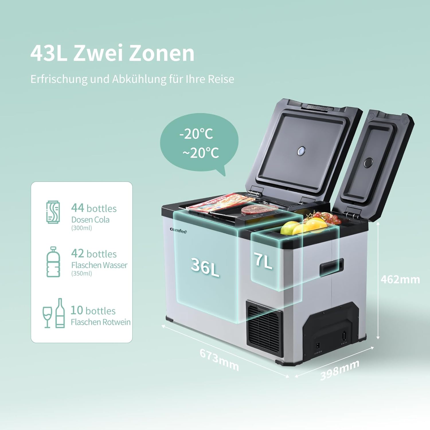 Koelbox – Compressor Koelbox – Elektrische Koelbox – Draagbare Koelbox – Camping Koelbox – 43 Liter Inhoud – Dubbele Koelzone Met Temperatuurregeling - QUORE
