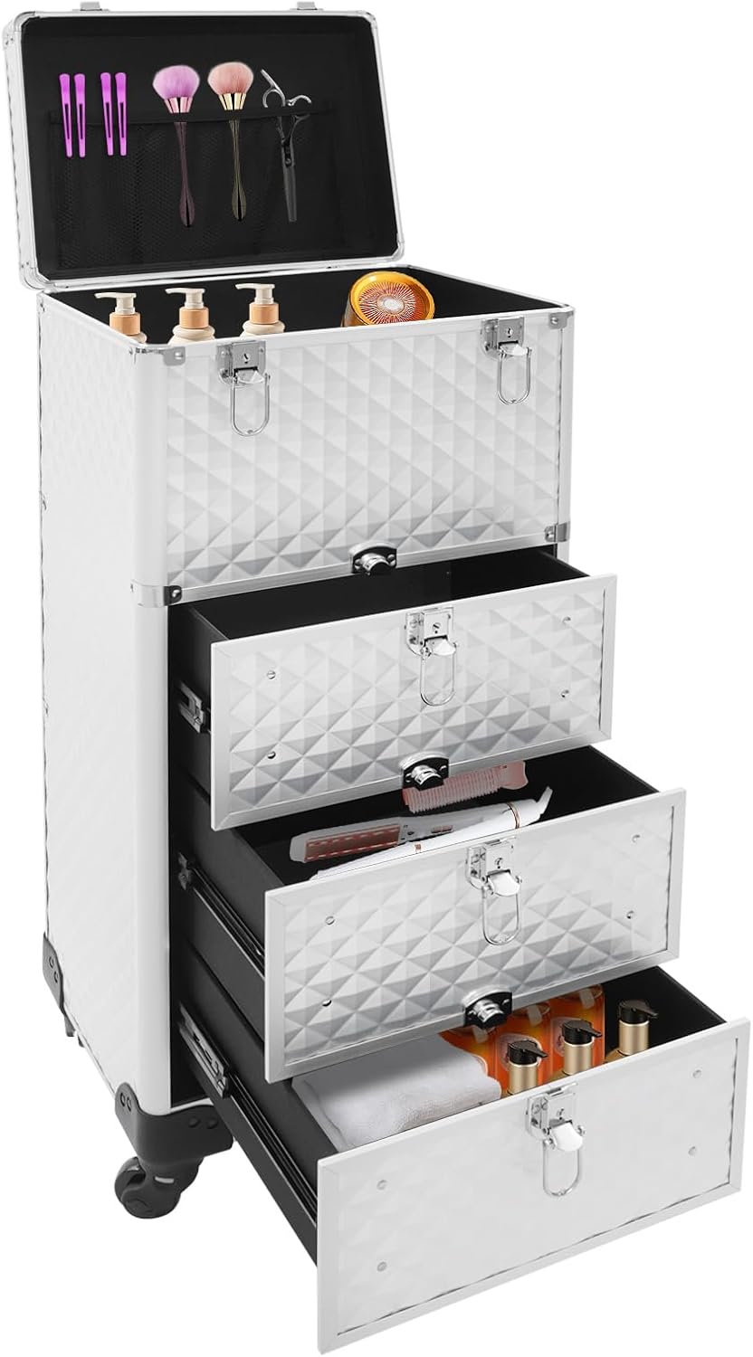 OUKANING Professional Makeup Case Trolley with Lock 3 Drawers and Telescopic Handle Shockproof Aluminium Cosmetic Case with 4 Wheels for Makeup Artists Travel Salon (Silver, Water Cube Pattern - QUORE