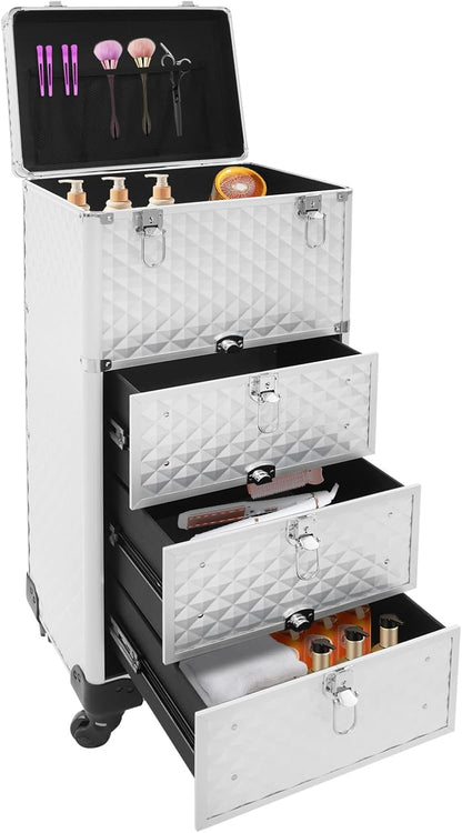 OUKANING Professional Makeup Case Trolley with Lock 3 Drawers and Telescopic Handle Shockproof Aluminium Cosmetic Case with 4 Wheels for Makeup Artists Travel Salon (Silver, Water Cube Pattern - QUORE