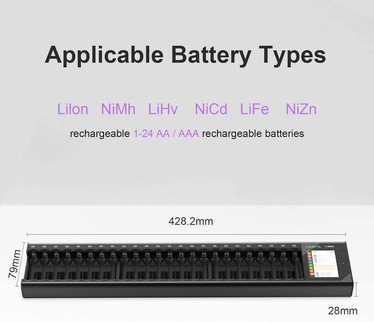 Batterijlader – Acculader – Oplaadstation – Batterijoplader – Intelligente Lader – Touchscreen Display – Refresh-functie – Snel Opladen – Geschikt Voor AA AAA NiMH NiCd Li-Ion – 24 Batterijen Gelijktijdig – DC-Adapter USB-C