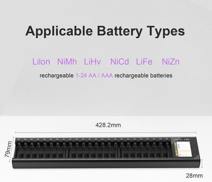 Batterijlader – Acculader – Oplaadstation – Batterijoplader – Intelligente Lader – Touchscreen Display – Refresh-functie – Snel Opladen – Geschikt Voor AA AAA NiMH NiCd Li-Ion – 24 Batterijen Gelijktijdig – DC-Adapter USB-C