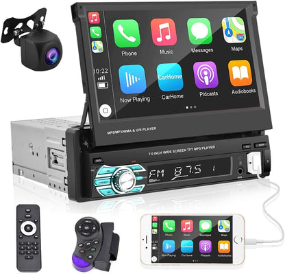 Podofo Autoradio 1 DIN Bluetooth Touchscreen Stereo Radio met Apple Carplay Android Auto, 7 Inch Opvouwbare Touchscreen Autoradio met FM Radio/Spiegellink + AHD Achteruitrijcamera