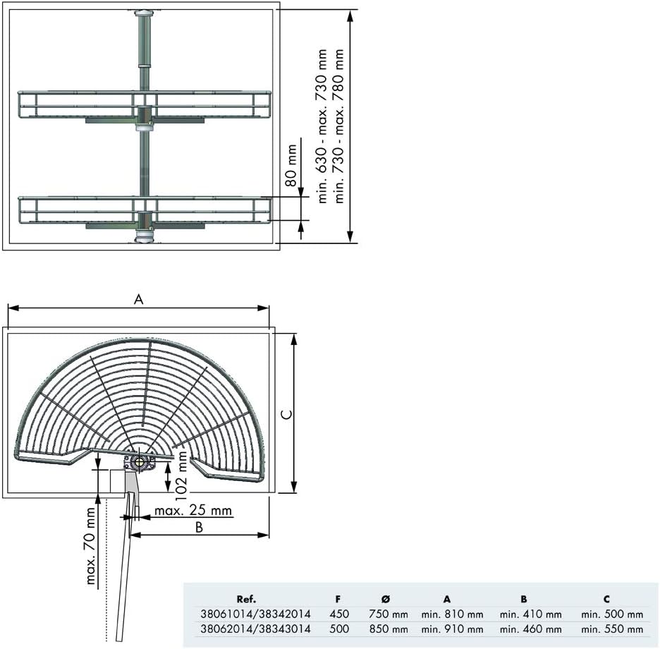 Menage Confort Half cirkelvak voor keukenkast, metaal, deurbreedte 450 mm, hoogte 730-780 mm