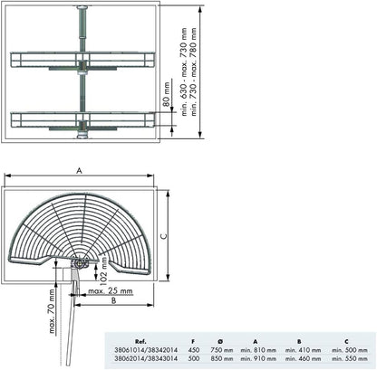 Menage Confort SEMICIRCULAR 180° hoekplank voor keuken, metaal, brede deur 500 mm/hoog product 630-730 mm
