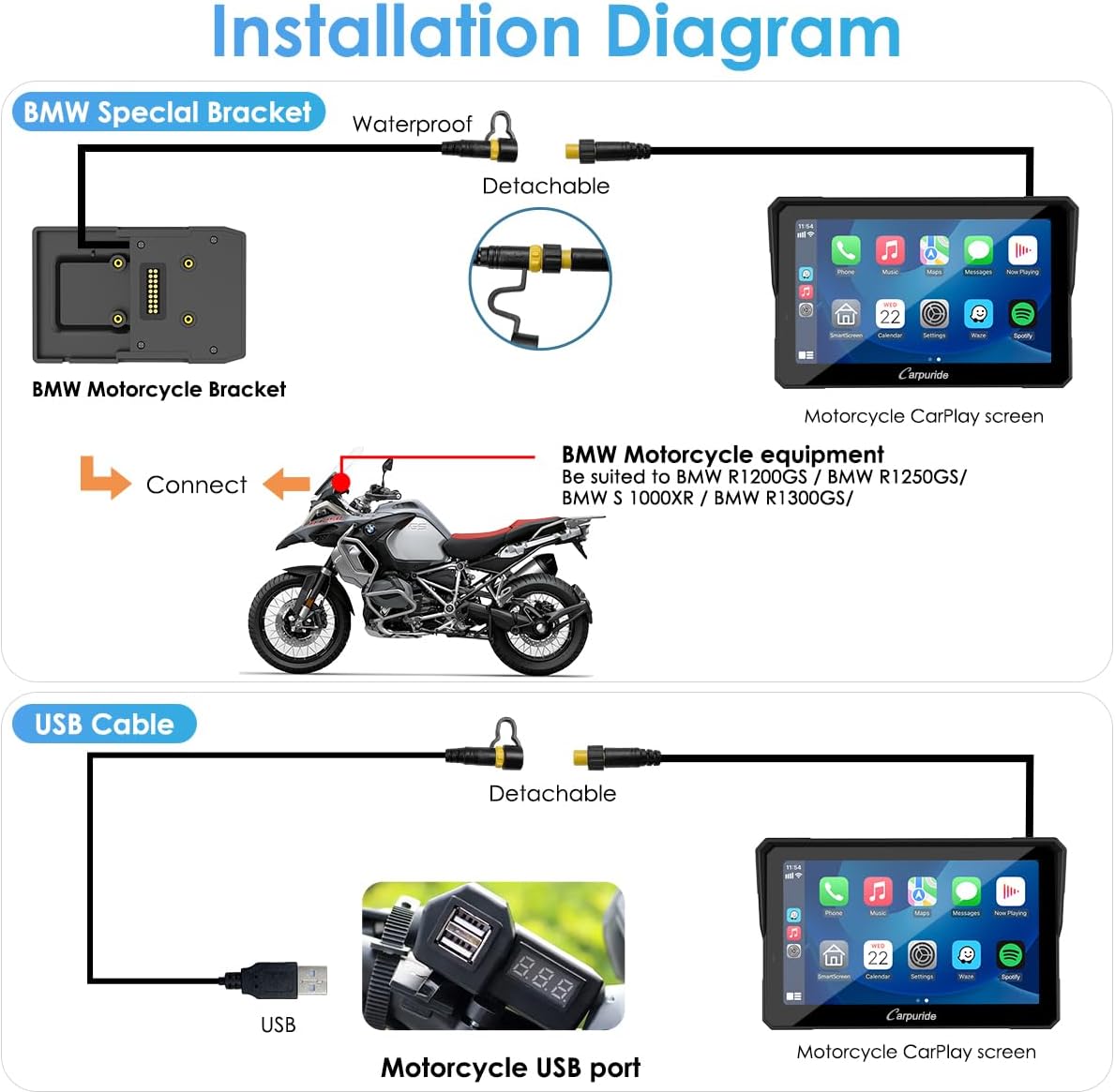 Motorfiets CarPlay-scherm – Motorfiets Navigatiesysteem – Motorfiets GPS Display – Motorfiets Touchscreen – Draadloze CarPlay & Android Auto – 7 Inch Waterdicht IPS-scherm – Dubbele Bluetooth & Intercomfunctie