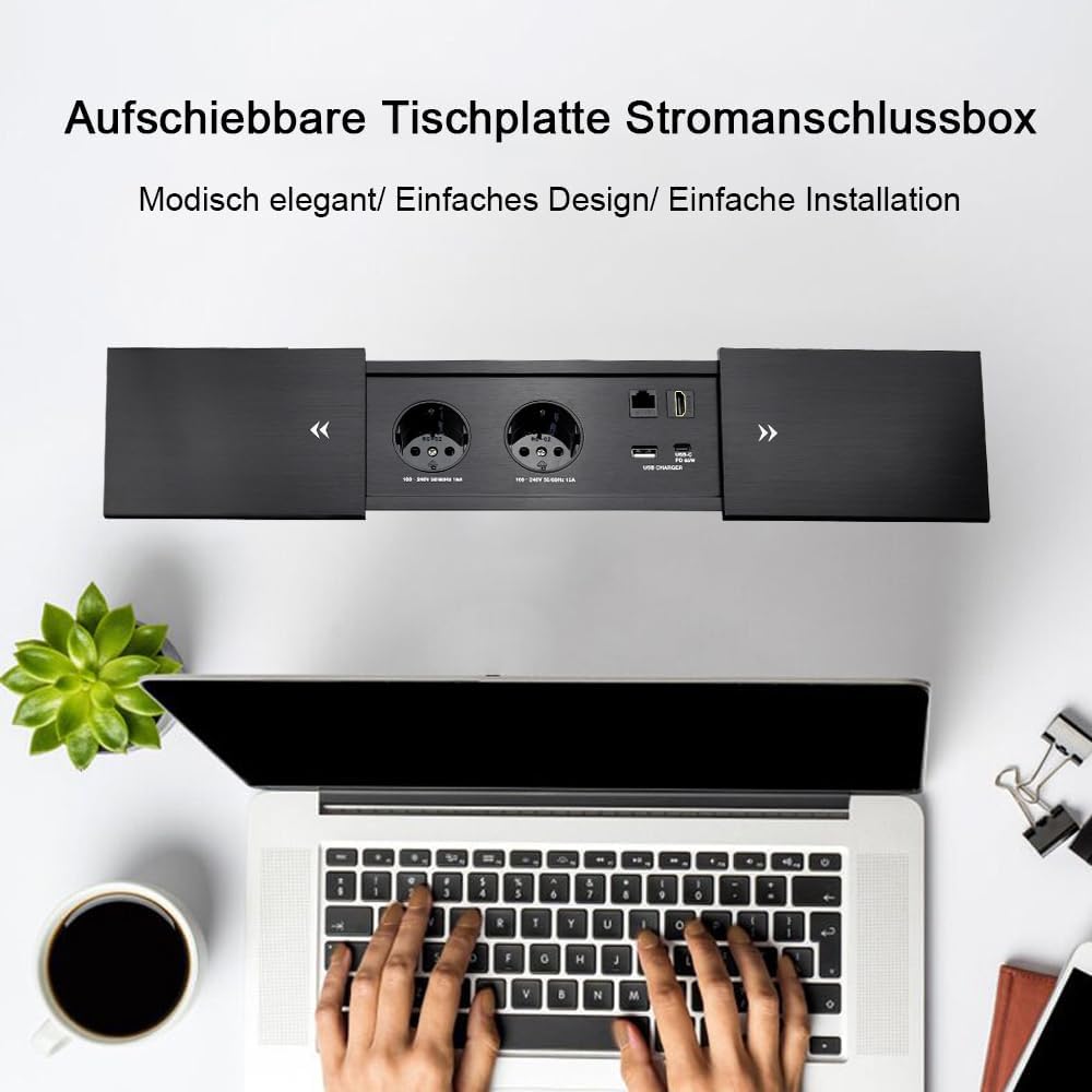 Connectiviteits-box, conferentietafel, power box met 2 stopcontacten + 1 USB-A en type C-oplader + 1 CAT6+ 1 HDMI/USB-C gegevens (zwart) (sliding)