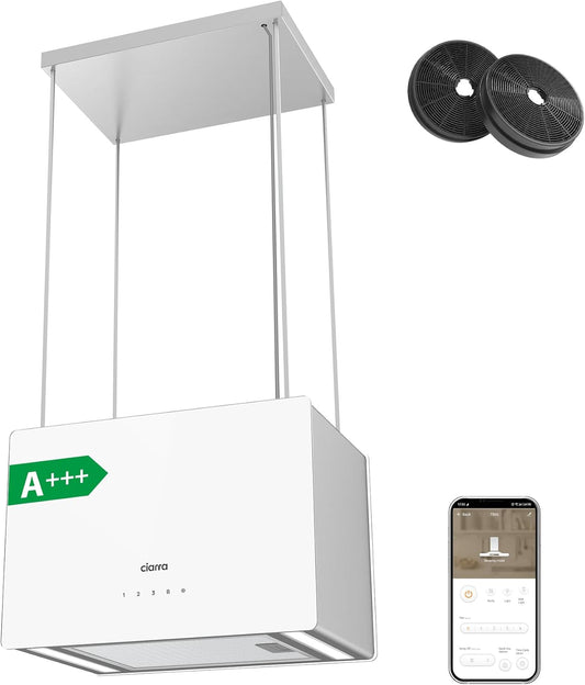 CIARRA CBCS4850 klasse A+++ eilandkap 700 m³/h 48 cm Smart WiFi app-besturing 4 niveaus booster afzuigkap eiland wit met koolfilter CBCF003