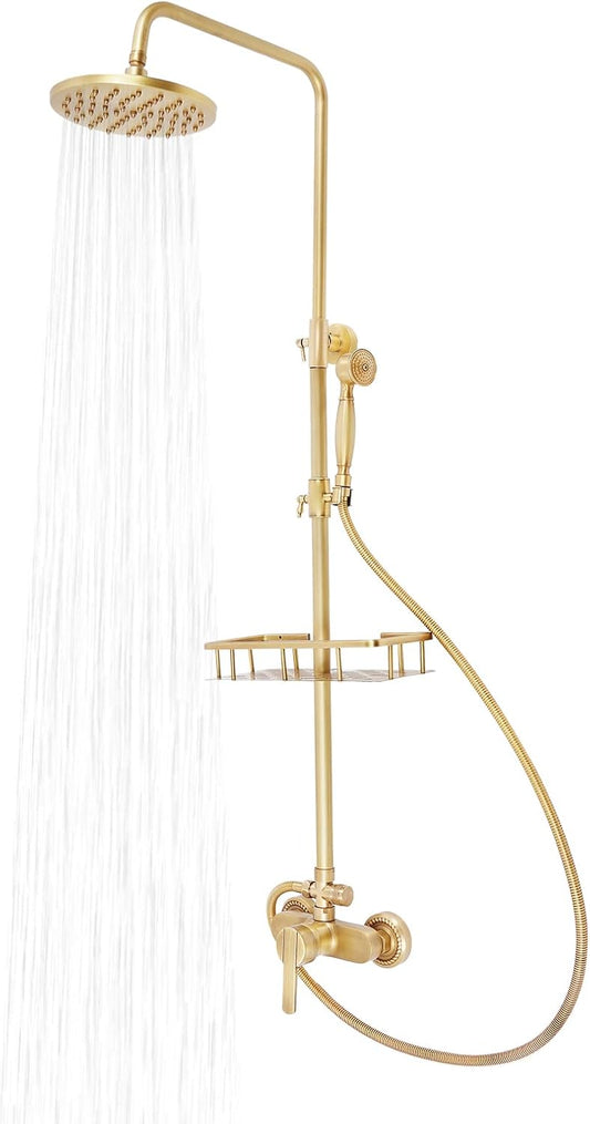 Shower Head with Hose and Holder, Shower System Antique Brass Shower Faucet Set 20cm Rain Shower Head and Hand Shower Gold Bathroom Shower System Set - QUORE